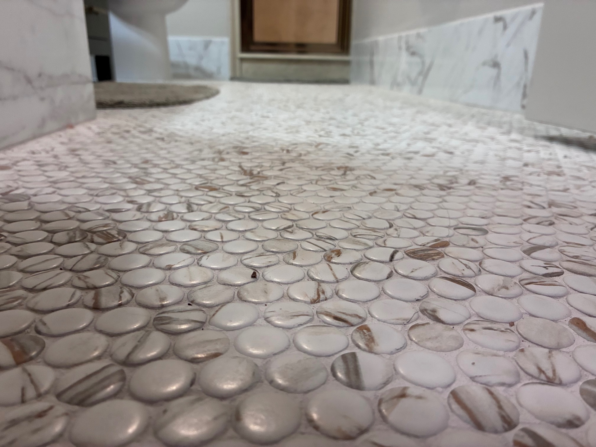 Marble penny-round mosaic tile floor close-up